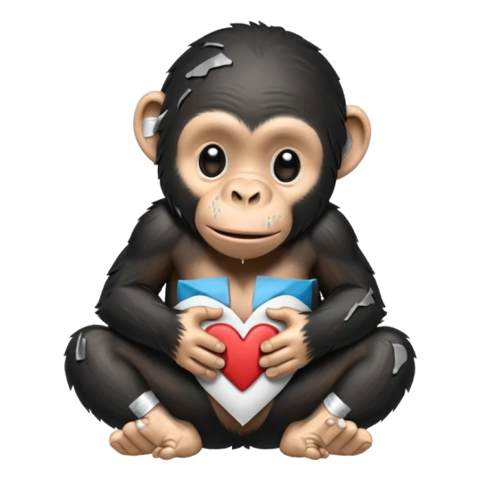 crying cartoon chimpanzee using bandaids to mend a cracked heart sticker
