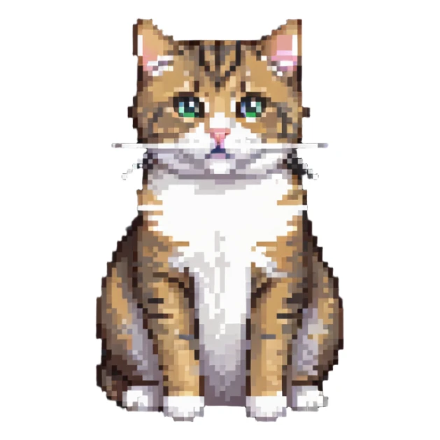 Cute tabby cat with white stomach, pixelated style, sitting to show white belly sticker
