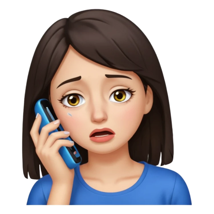 generate a brunette girl crying while taljking on a mobile phone sticker