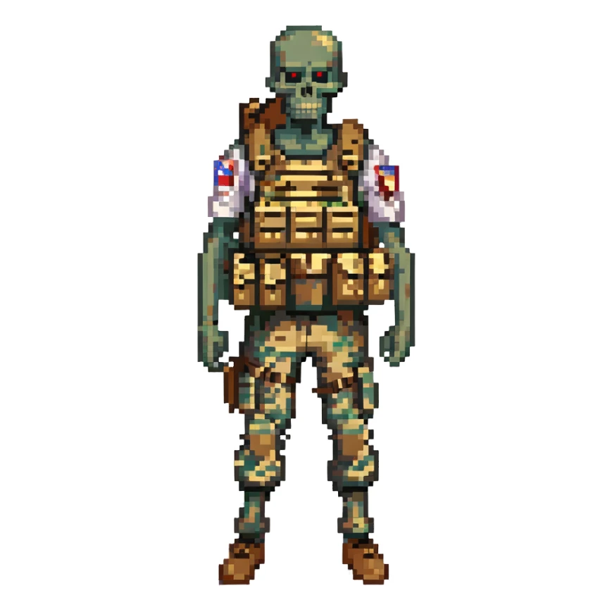 A zombie undead soldier, he has a bdu camouflaged uniform with a tan plate carrier, undead, leaned over posture, zombie, partially skeleton sticker