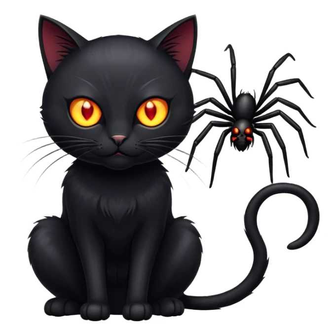 A sleek black cat with glowing eyes, poised to strike a hairy spider sticker