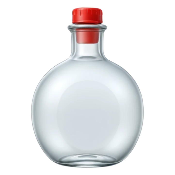 A 3D Apple-style clear glass bottle emoji, completely empty, smooth and shiny transparent surface, simple round body with a short neck and small cap, light reflections on the glass, clean minimal background. sticker