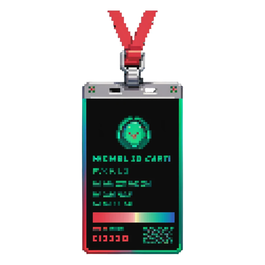 Member ID card with green to red gradient holographic effect and pixel art design sticker