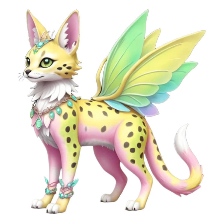 Epic complex knightly divine glorious futuristic detailed dark dusky gloomy pastel pink-pastel-green-pastel-yellow-white-gradient-iridescent, realistic Fakémon-Sprigatito-Floragato-Meowscarada-Trico-Sergal-Serval-Vernid-creature (full body) with bracelets and anklets and fairy wings sticker