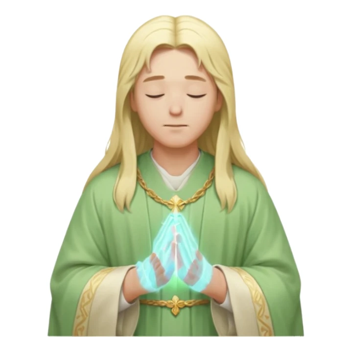 a young bishop, long blonde hair, light green wide, flowing outer robe. hands clasped together, eyes closed. Soft light, subtle fern. Waist-up, profile. sticker