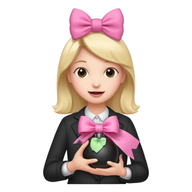 A happy face holding a bomb and the bomb has a cute pink bow sticker