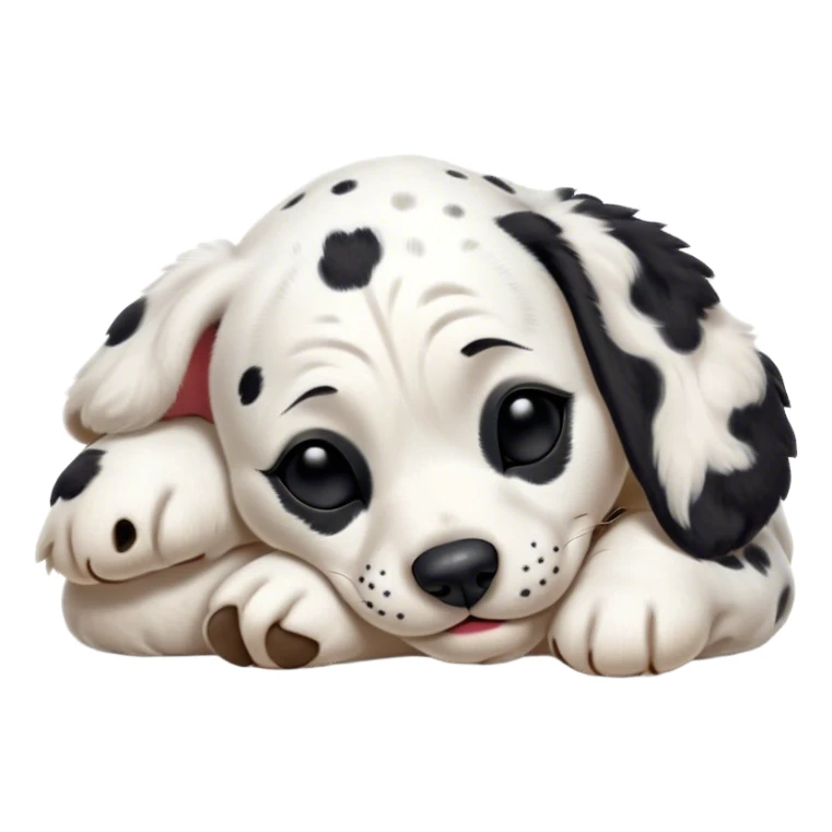 Meme-Worthy Cute Sleeping Spotted Dalmatian Portrait Emoji, Head resting peacefully with a contented smile, showcasing a delightfully majestic build and a luxuriously soft Fur of predominantly white with bold black patches, eyes shut in a serene nap, Simplified yet hilariously adorable features, highly detailed, glowing with a soft, drowsy light, high shine, relaxed and utterly lovable, stylized with an air of playful laziness, bright and heartwarming, soft glowing outline, capturing the essence of a comically sleepy guardian, so meme-worthy it feels like it could instantly become the next viral sensation of adorable slumber! sticker