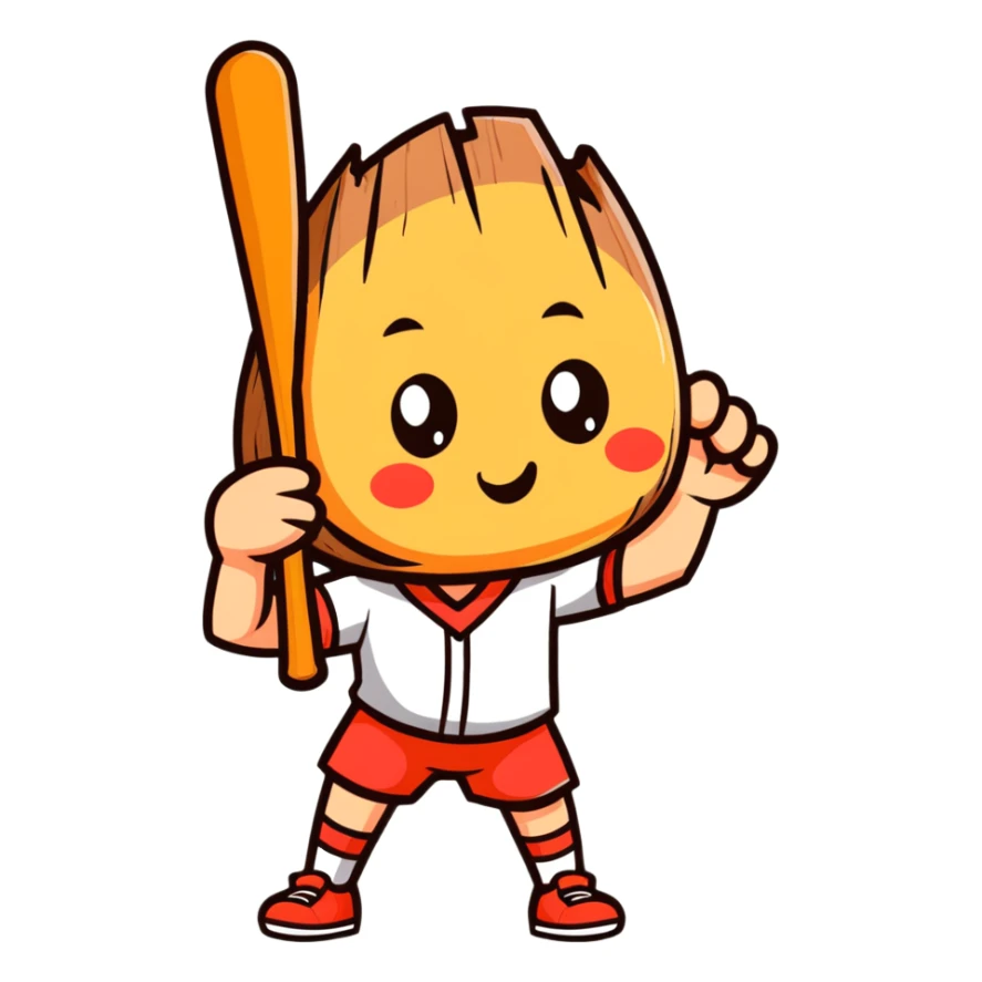 a wooden log with thin stick legs, cute cartoonish face, holding a baseball bat sticker