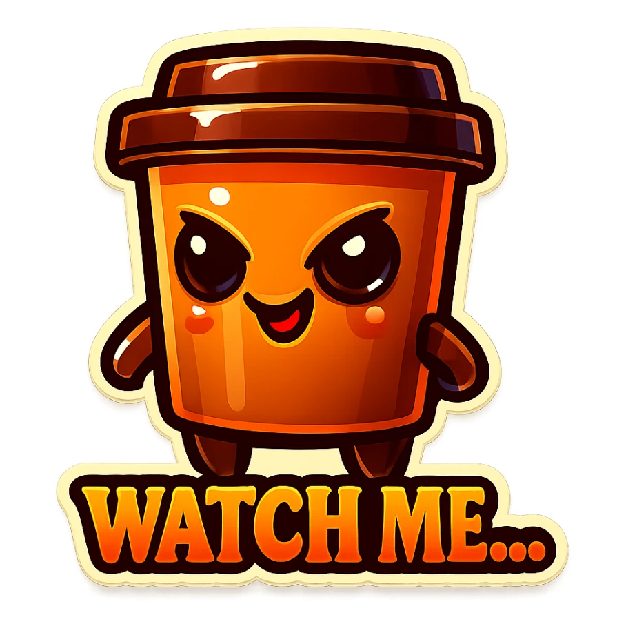 Tall coffee cup, mischievous eyes, "Watch me..." sticker