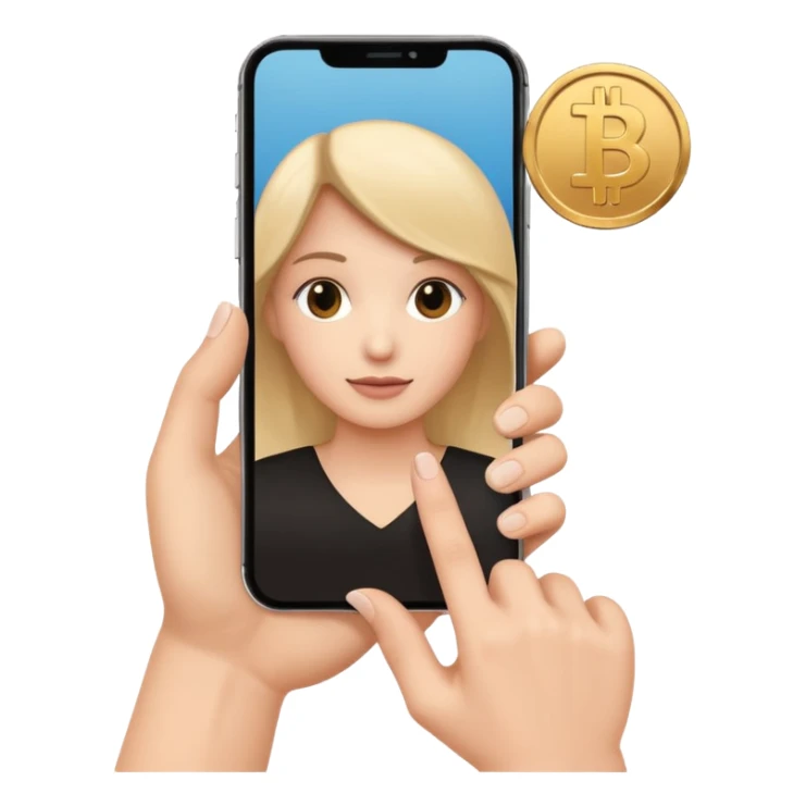 hand holding a phone showing a play icon and coin sticker