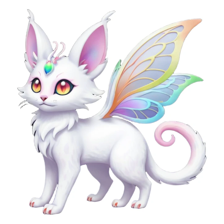 Pure-snow-White albino iridescent with pastel rainbow-gradients-color-markings with swirly patterns butterflies  faerie-Noivern-Noibat-Purloin-Torracat-Lykoi-Caracal-cat-Fakemon-fusion-hybrid-creature sticker