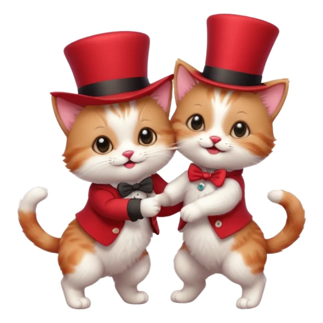 Steampunk:a very cute and adorable anthropomorphic baby cat with a red top hat is dancing with a puppy sticker