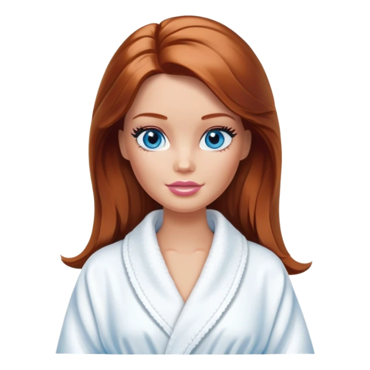 Barbie's face eyes blue with shoulder-length reddish-brown hair, makeup, cream smeared on her face , in a bathrobe with sticker