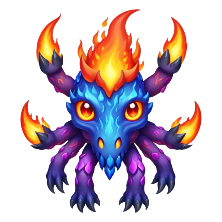 a mystical fast lava creature without arms with molten lava on its head and some rocky shoulders, fire crystals, blue flames, fire legs, no background, purple flames, mystical eyes, 8 arms sticker
