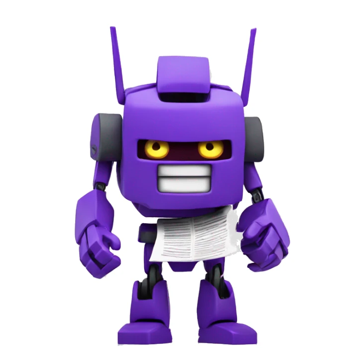 emoji that's a transformer, purple, holding a newspaper sticker