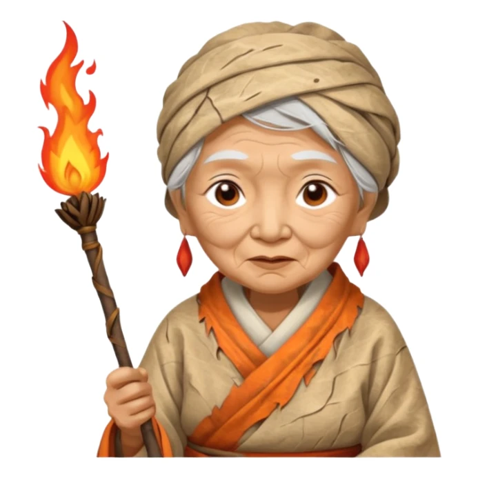 ancient asian old woman, tattered leaf cloth, hold fire stick sticker