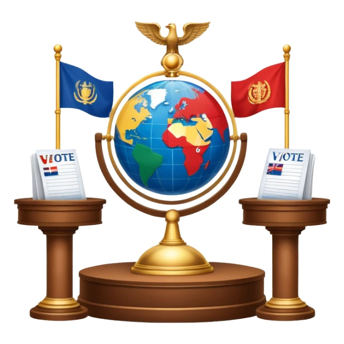 icon featuring podium with a speaker, national flags, and voting ballots, symbolizing political science. The design includes a globe and scales of justice in the background, representing governance, global affairs, and political theory. Transparent background emphasizes civic engagement and policy. sticker