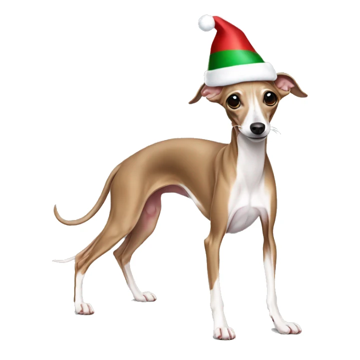 Italian greyhound stretching with a Christmas hat sticker