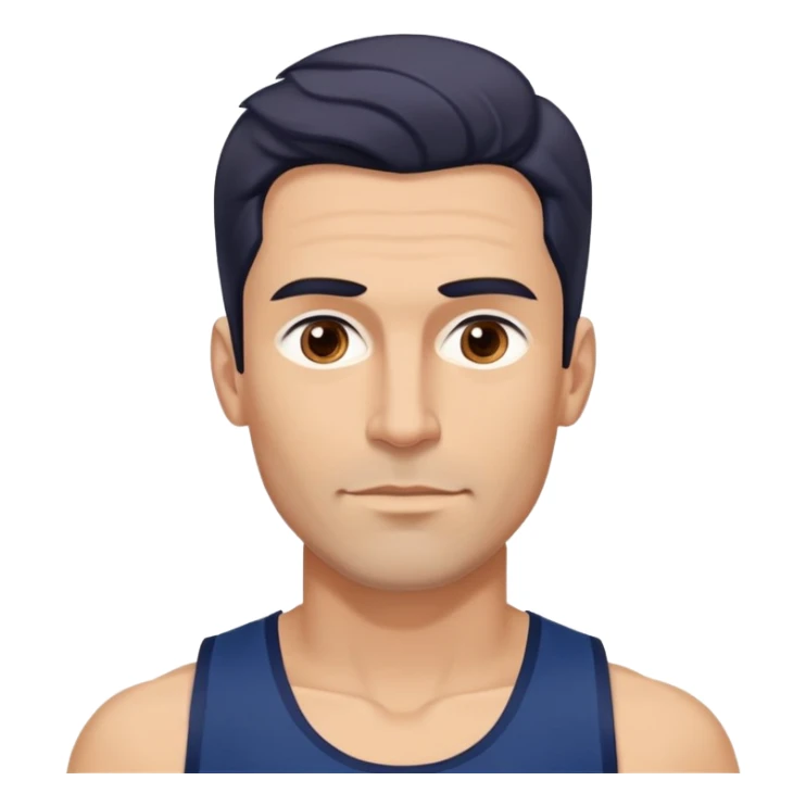 Youthful-looking athletic 40-year-old man with light brown skin, elongated face, defined jawline, attractive features, medium dark eyes, arched eyebrows, straight nose, confident expression, medium wavy dark hair with modern style, wearing a navy blue tank top sticker