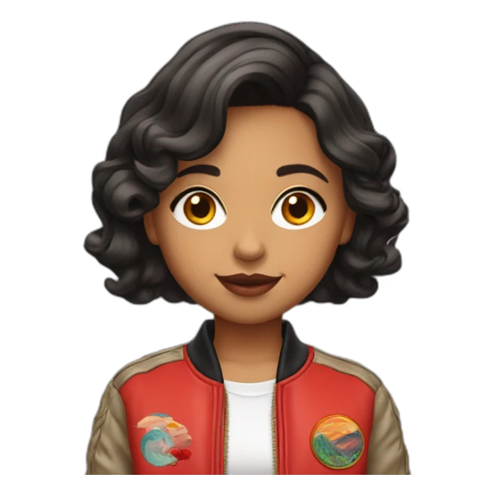 Half indian girl, wavy bob haircut, red bomber embroided jacket sticker