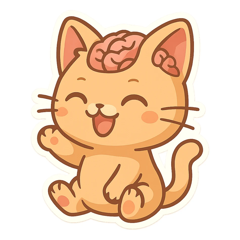 playful and cute cat with a visible brain, chibi stickers style sticker