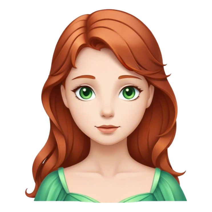 Cinematic Serene Sleeping Beauty Portrait Emoji, rendered in a simplified vector style. Depict a gentle Aurora (chest and above) with fair, glowing skin and softly cascading auburn hair, her expression calm and reflective, dressed in her timeless attire. The image exudes a soft, warm radiance with high shine and a subtle glowing outline. sticker