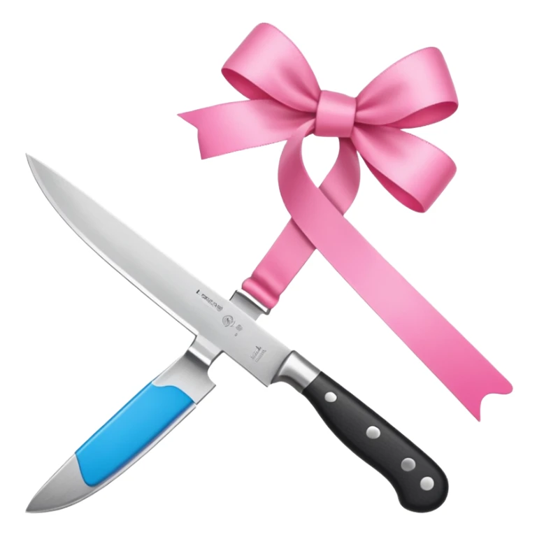 Only one object: a kitchen knife. A pink ribbon bow is tied directly on the knife handle. No other items. No decorations. Minimal emoji style. White background. Flat vector. sticker