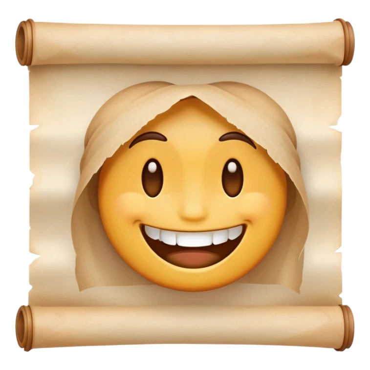 smiling emoji face with a parchment scroll held in teeth, anime-inspired sticker