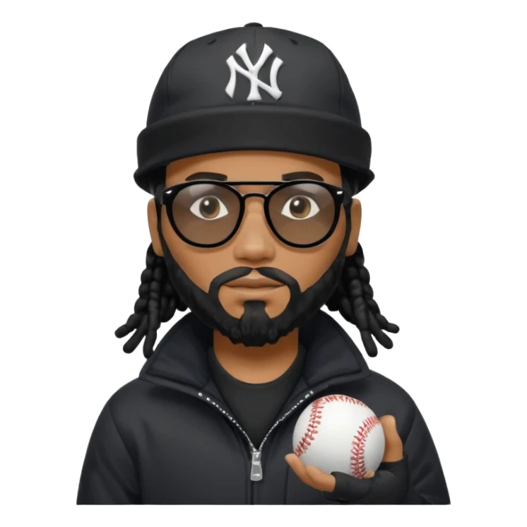 African American Man with shoulder length black dreadlocks with black beard wearing black sunglasses wearing a black bubble winter coat and a New York Yankees logo baseball cap checking the time sticker