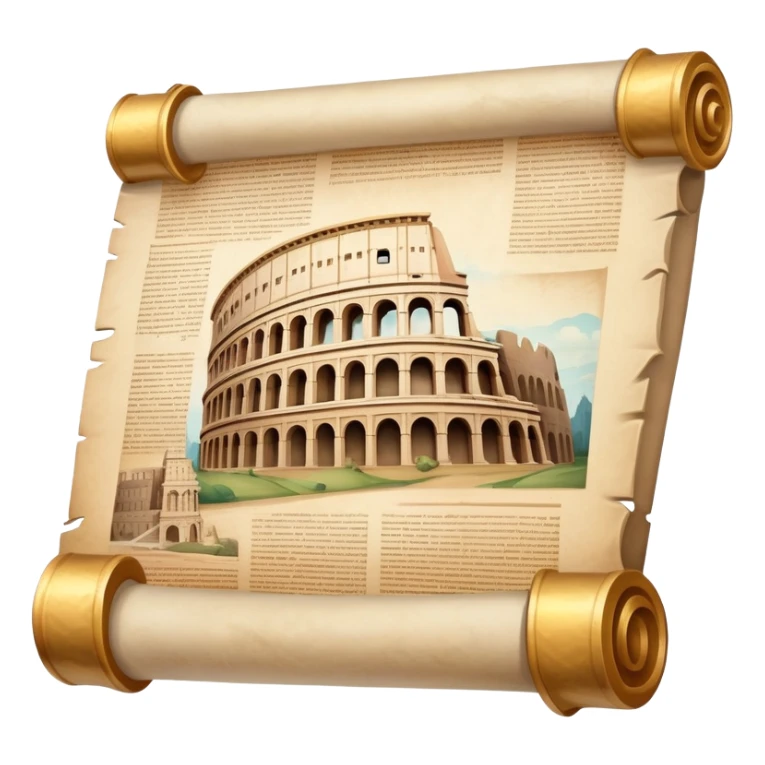 An icon featuring an ancient scroll, surrounded by famous historical landmarks and statues of notable figures, like the Colosseum or Napoleon. The design symbolizes the exploration of history through monuments and people. Transparent background highlights the pas sticker