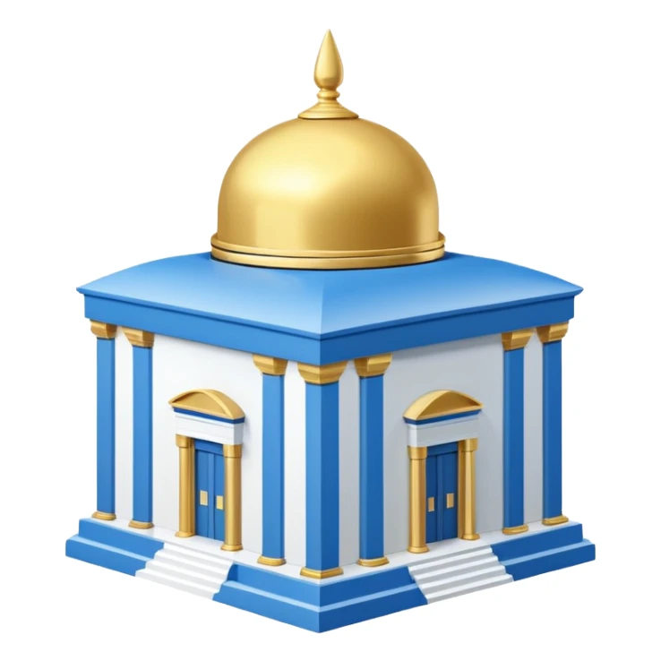 A cubic-shaped temple with smooth, clean edges and blue and white horizontal stripes along the walls. The structure has no pillars or columns. A Polished golden dome sits centered on top of the cube, with a smooth surface and no spiral or finial at its peak. The architectural style is minimalist  sticker