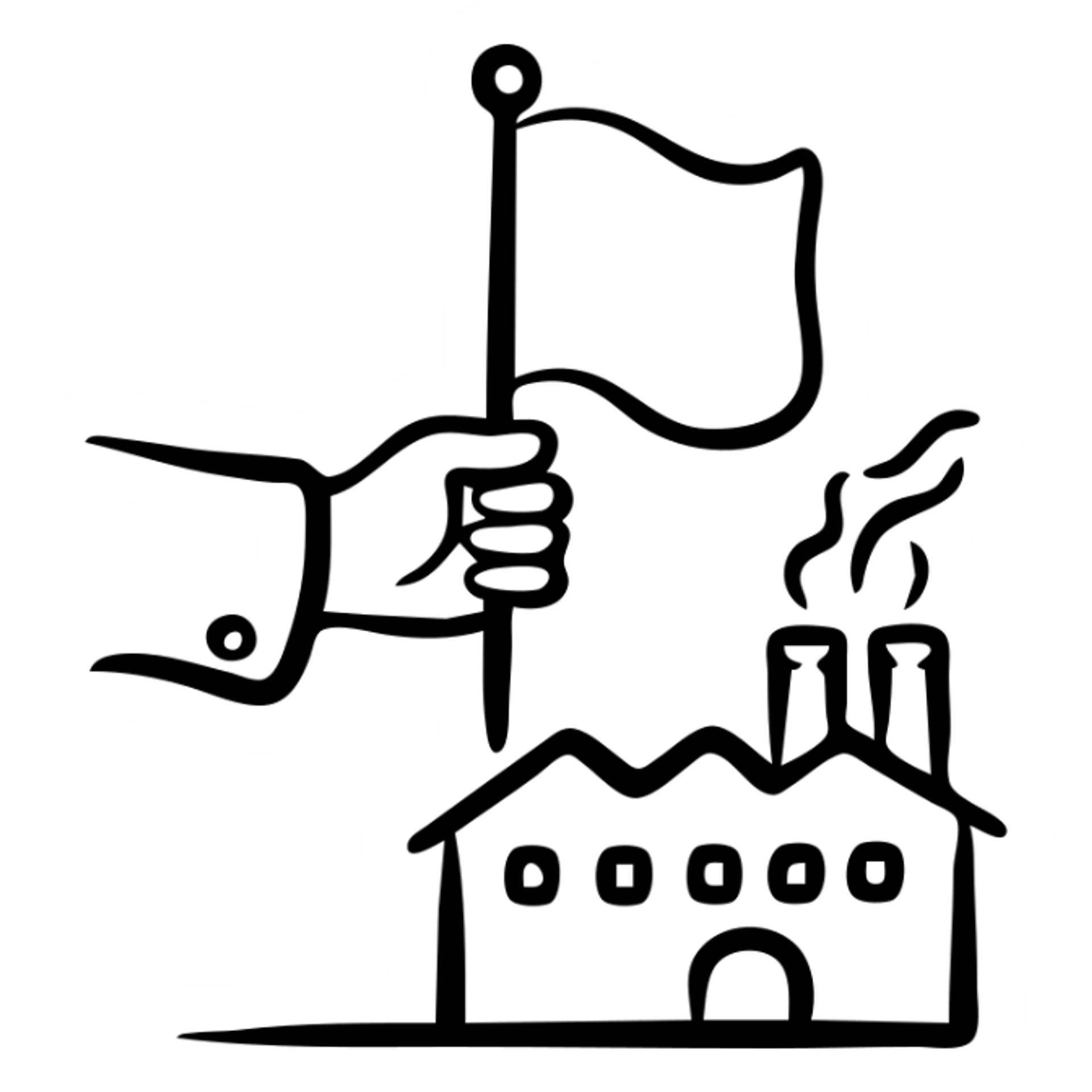 government hand taking control of factory with Indian flag, representing nationalization sticker