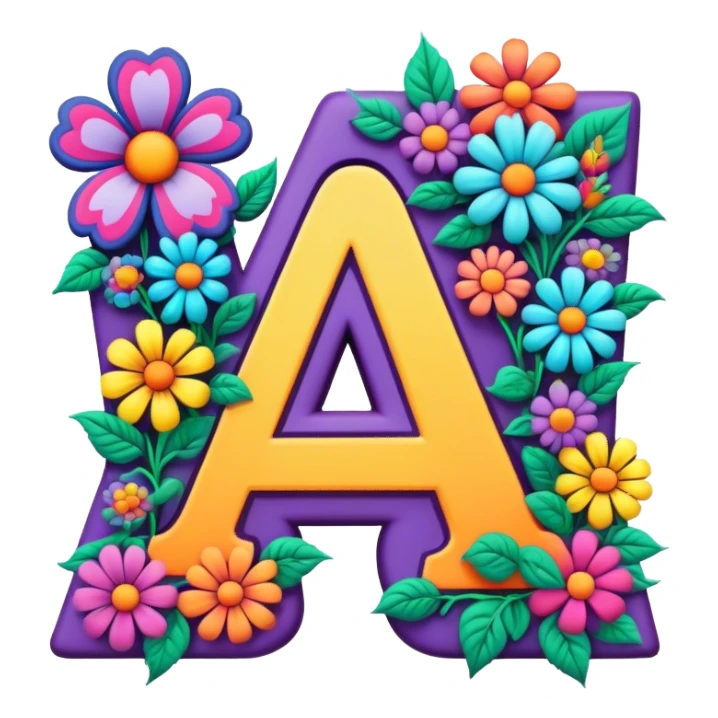 3D, gothic style psychedelic colored Letter A with hippie style flower border sticker
