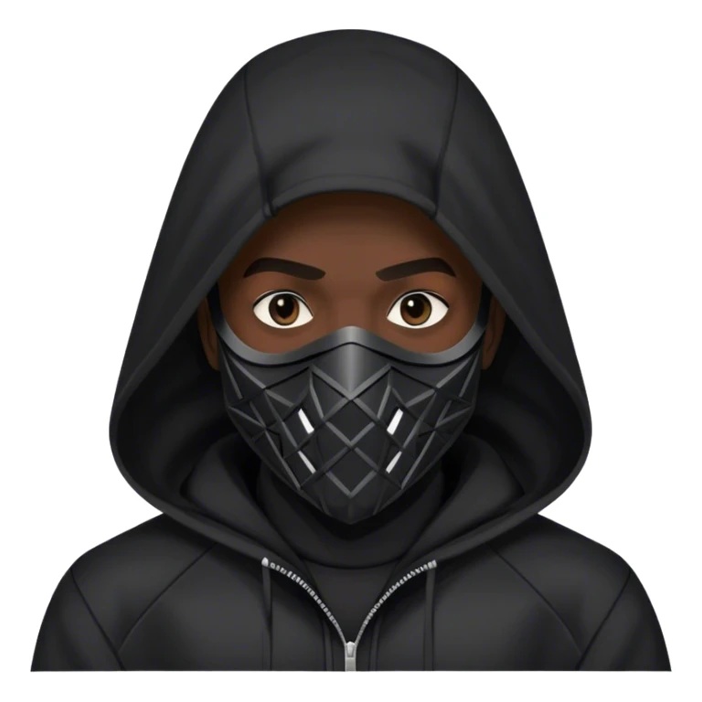 man with black hooded jacket and a only black full-face geometric mask sticker