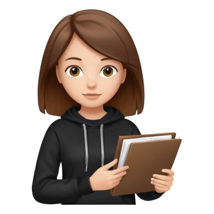 a girl with documents in her hands, in a black sweatshirt with brown hair with a square sticker