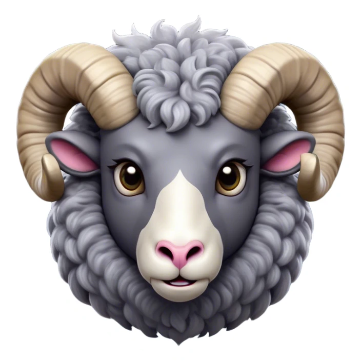 Cinematic Comical Ram Portrait Emoji, Head tilted dramatically with an exaggeratedly amused expression, featuring a striking woolly grey fur with impressively curled horns, wide, expressive dark eyes filled with playful disbelief, Simplified yet hilariously expressive features, highly detailed, glowing with a slightly sassy glow, high shine, dramatic yet playful, stylized with an air of cheeky mischief, bright and endearing, soft glowing outline, capturing the essence of a spirited and over-the-top ram, so meme-worthy it feels like it could butt its way into internet fame instantly! sticker