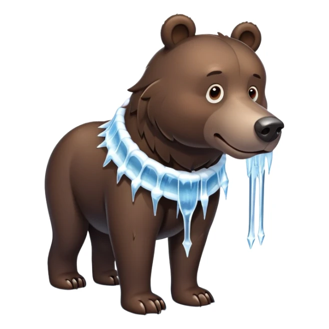Realistic dark brown bear on four legs with a frozen ice collar that has icicles protruding downward, shaped like a large dog collar but made of crystal clear ice sticker