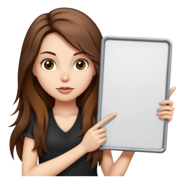 A rocker chick with long brown hair holding a large blank sign sticker