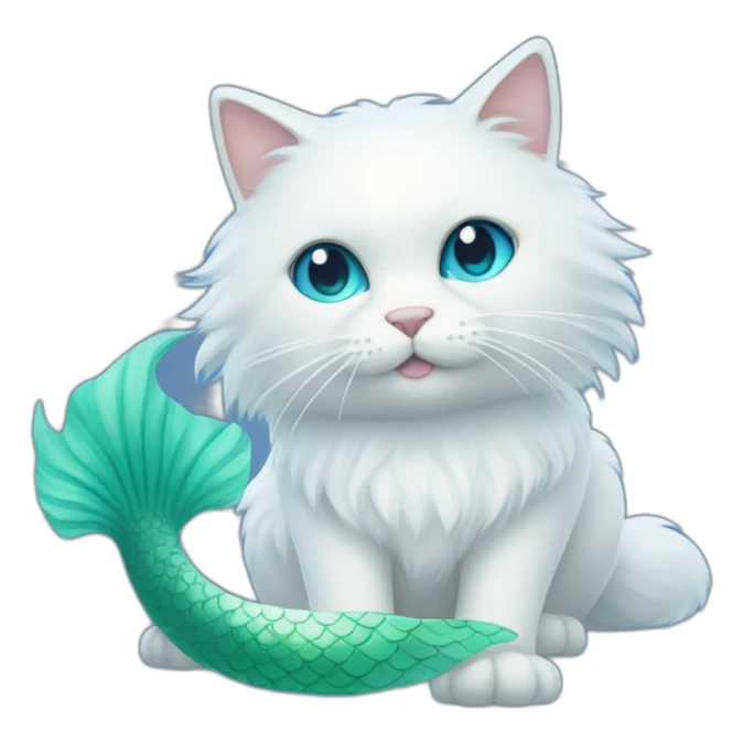White fluffy cat with blue and green mermaid tail sticker