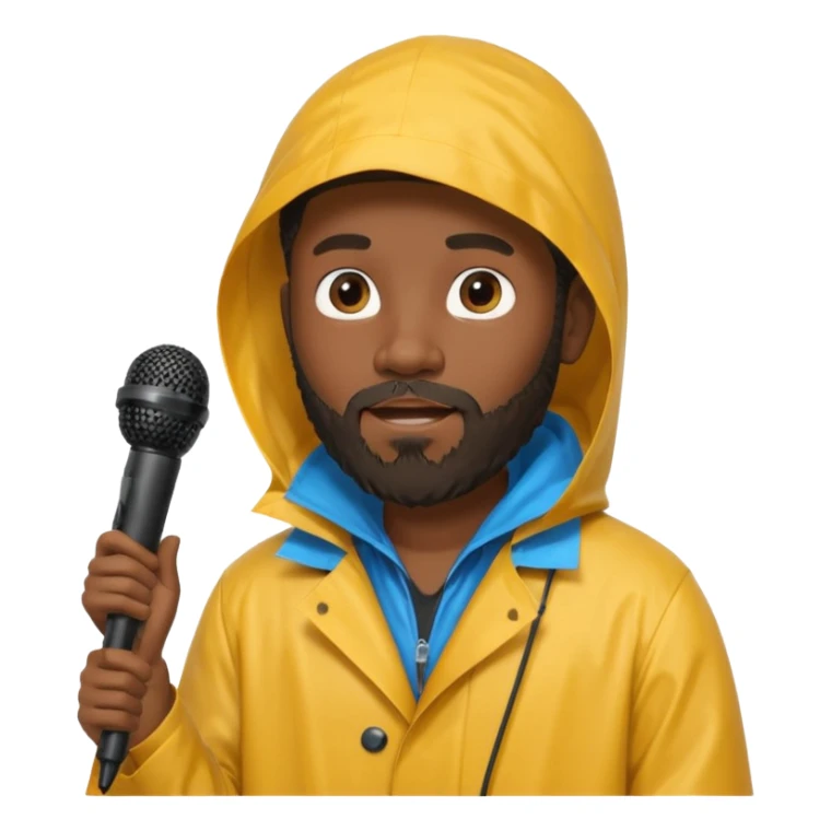 bearded black man with rain coat and microphone sticker