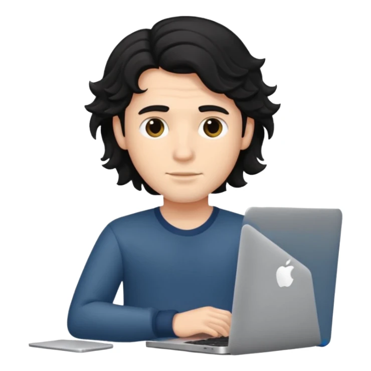 guy with wavy black hair and skin tone a little bit white, with a macbook sticker
