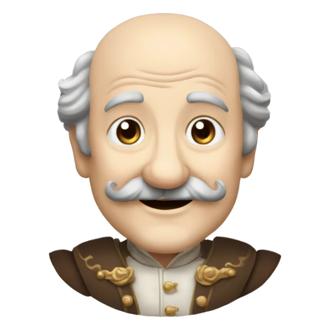 Short pudgy old man over enthusiastic happy excited face bald forehead long wavy gray and brown brunette long wavy hair moustache Shakespearean dress vintage clothes hamlet small arms sticker