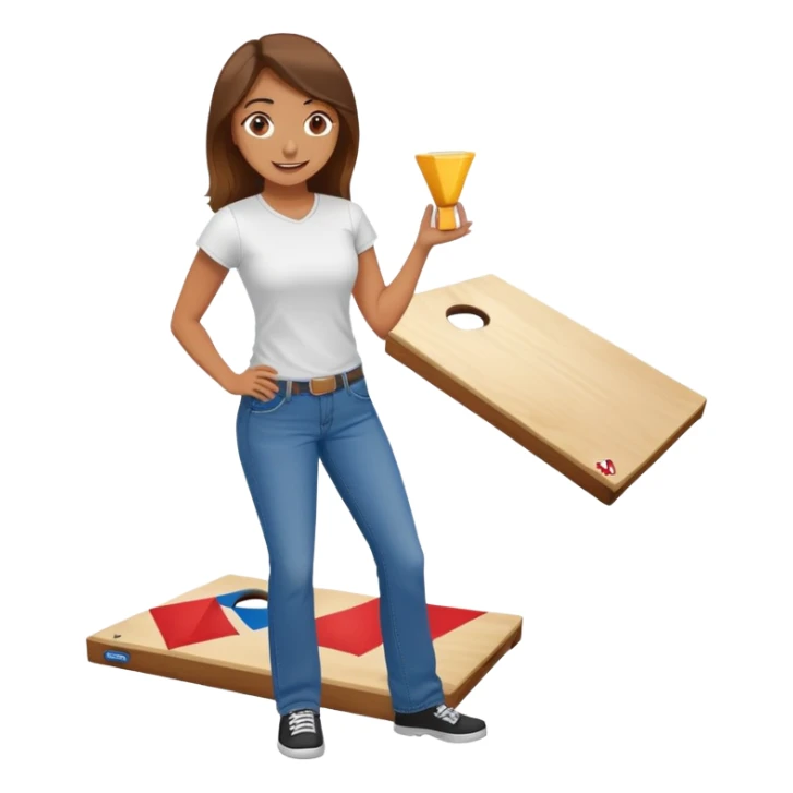 A happy female in jeans and tshirt, standing alongside a Cornhole board, holding a cornhole bag sticker