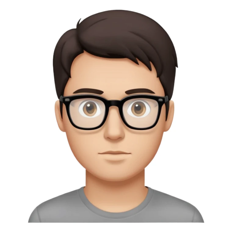 Digital illustration, inspired by Apple emojis, showcases a young Caucasian man from the shoulders up, with smooth, light peach skin and subtle shading on his face. His dark brown hair is styled neatly, and he wears black, rectangular eyeglasses reflecting a dual-colored computer screen; dressed in a gray t-shirt with a simple black graphic, the image is crisp, clean, and captures his expression and unique details in perfect focus. sticker