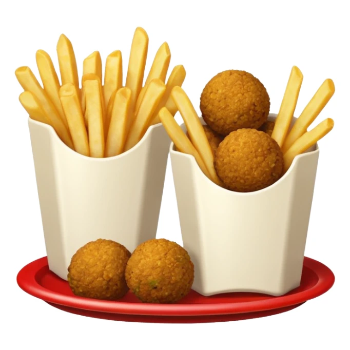 falafel and fries, with two small containers, one with red sauce and one wwhite sauce  sticker