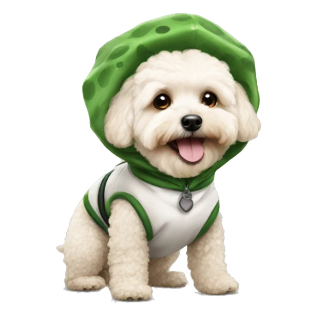 Maltipoo wearing a Dino costume sticker