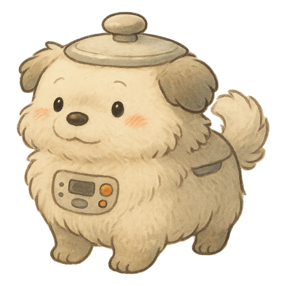 chibi soft fluffy dog inspired by a rice cooker with appliance features blended into its body full-body sticker