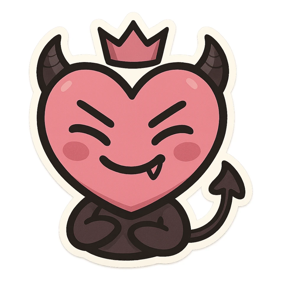 devil emoji, chibi style, pink and black colors, heart-shaped face, small horns, mischievous grin, cute expression, crown accessory sticker