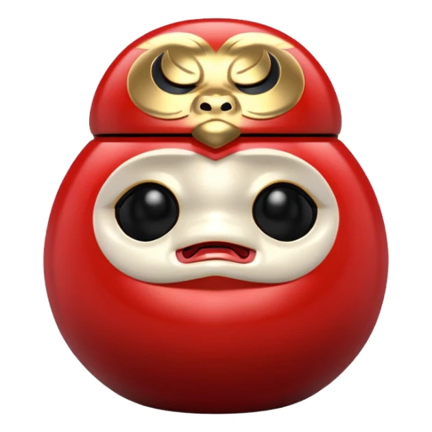 daruma doll, Round body, smooth glossy surface, bold facial features, red primary color with gold details. sticker