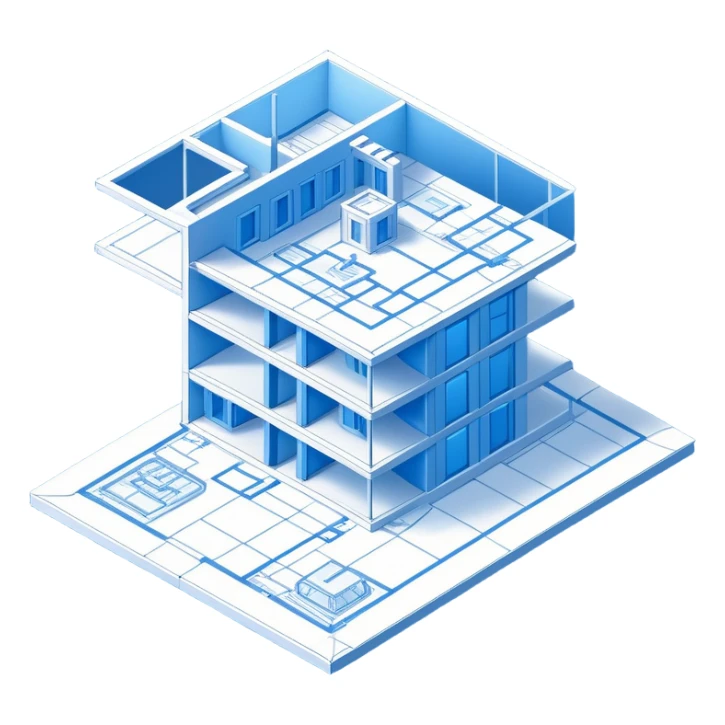isometric view of blue blueprint plan with white lines and shaded 3D objects sticker